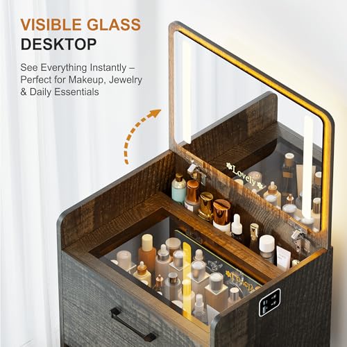 Lvifur 3 in 1 Vanity Desk with Flip Top Mirror and Lights,Glass Top Compact Vanity with 3Drawers &Rolling Stool, Modern Small Makeup Vanity Table w/Charging Station,Bedroom,Rustic Oak Lvifur