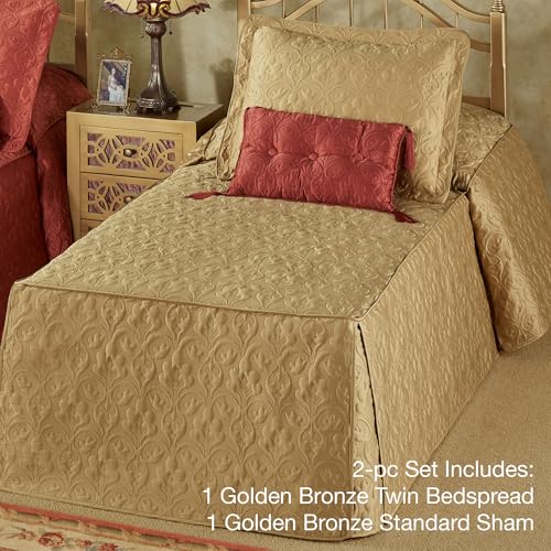 Cambridge Classic Luxury Bedding | Golden Bronze Solid Color Polyester Satin | Elaborate Damask Quilting | 2 Piece Bed Set Includes Twin Bedspread and Standard Pillow Sham | Also Fits Twin XL Beds Touch of Class