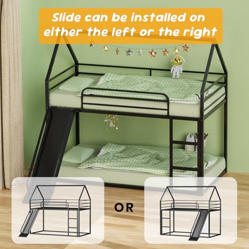 Varmsteda Bunk Bed Twin Over Twin for Kids with Slide and Ladder, Metal Floor Bunk Bed Frame with Full-Length Guardrail, Space-Saving Bunk Beds, Black Varmsteda