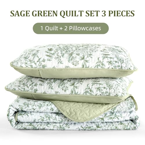 WONGS BEDDING Quilt King Size, Sage Green Quilt Bedding Set with 2 Pillowcases, Botanical Quilt for King Bed, Soft Microfiber Lightweight Coverlet Bedspread for All Season (110"×90", 3 Pieces) WONGS BEDDING