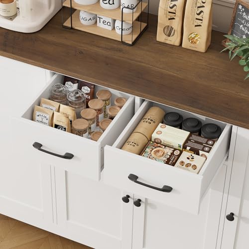 HORSTORS 55" Buffet Cabinet with Storage, Kitchen Buffet Sideboard with Drawers, Large Storage Cabinet with Doors and Shelves, Modern Farmhouse Coffee Bar for Kitchen, Dining Room, Living Room, White HORSTORS