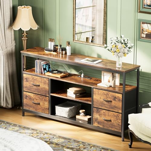 Huuger TV Stand Dresser with Power Outlets and LED Lights, 4 Drawers Entertainment Center with Shelves, 54 Inch Media Console for 55 60 Inch TV, 4 AC Outlets, 2 USBs, Rustic Brown Huuger