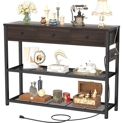 Ecoprsio 47'' Black Walnut Console Table with USB Ports, 3 Drawers & Storage Shelves Ecoprsio