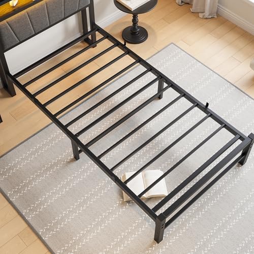 BOFENG Twin Bed Frame with Charging Station,LED Lights,Upholstered Storage Headboard,Heavy Duty Metal Platform Single Bed Frame Twin Size No Box Spring Needed,Solid and Stable,Noise Free,Grey BOFENG