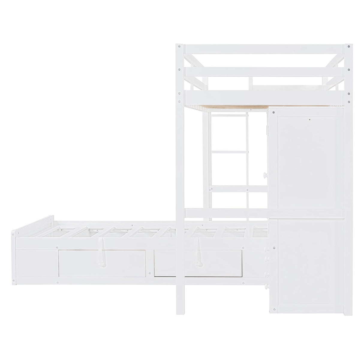 Merax Twin Bunk Bed with Drawers, Wood Twin Over Twin Bunk Bed with Wardrobe, Storage Shelves and Hydraulic Bed, White Merax
