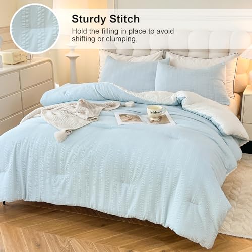 tohrisa Boho Comforter Set Queen Size Striped Pleats Bohemian Seersucker Bedding Set All Season Soft Cozy 3 Pieces Quilt with 2 Pillowcases(90"X90" Light Blue) tohrisa