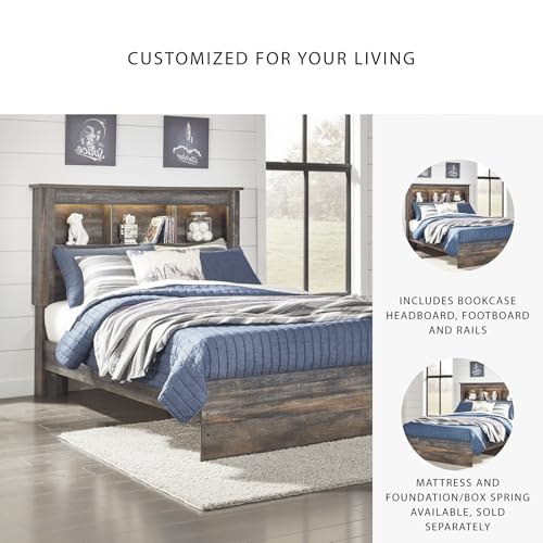 Signature Design by Ashley Drystan Rustic Full Bookcase Bed with Open Cubbies and LED Lights, Foundation or Box Spring Needed, Dark Brown & Gray Signature Design by Ashley