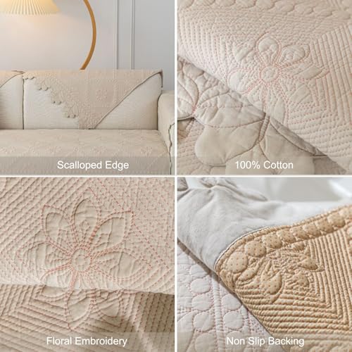 XSlive Cotton Quilted Dog Couch Cover for Sofa Farmhouse Rustic Embroidery Sectional Couch Cover Soft Anti-Slip Sofa Slipcover Furniture Protector for Kids, Pets (Khaki,28"x28") XSlive