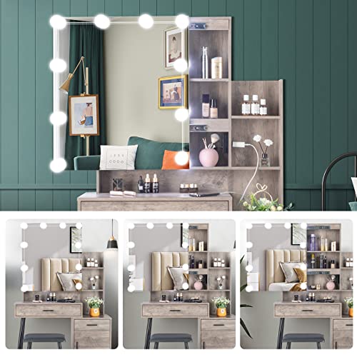 VINGLI Vanity Desk with Sliding Mirror & Lights & Charging Station & Drawers & Shelves & Door, Farmhouse Modern Makeup Vanity Set with Stool (Rustic Gray, 39'' x 16'' x 63'', Bench Included) VINGLI