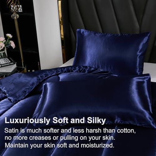 Satin Comforter Set King Silk Like Silky Bedding Set Luxury Hotel Silky Bed Home Deocr Navy Blue Soft Down Comforter Silky Quilt Set Bedding_Dreamer