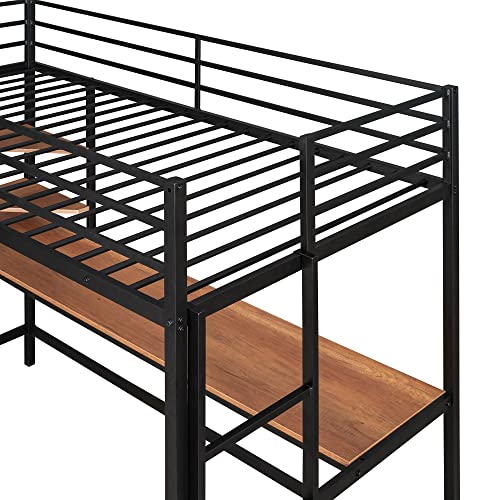 Bellemave Twin Size Loft Bed with Desk and 2 Shelves, Metal loft bedframe with Storage Shelves, Black Bellemave
