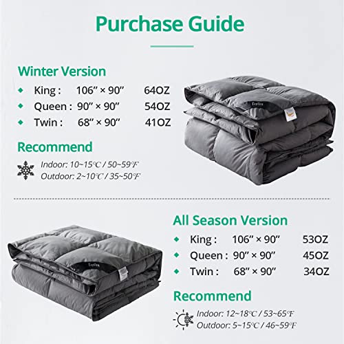 Topllen Down Feather Comforter Queen Size, All Season Duvet Insert, 100% Cotton Shell, Soft and Breathable Bedding with 8 Corner Tabs (90 x 90, Grey) Topllen
