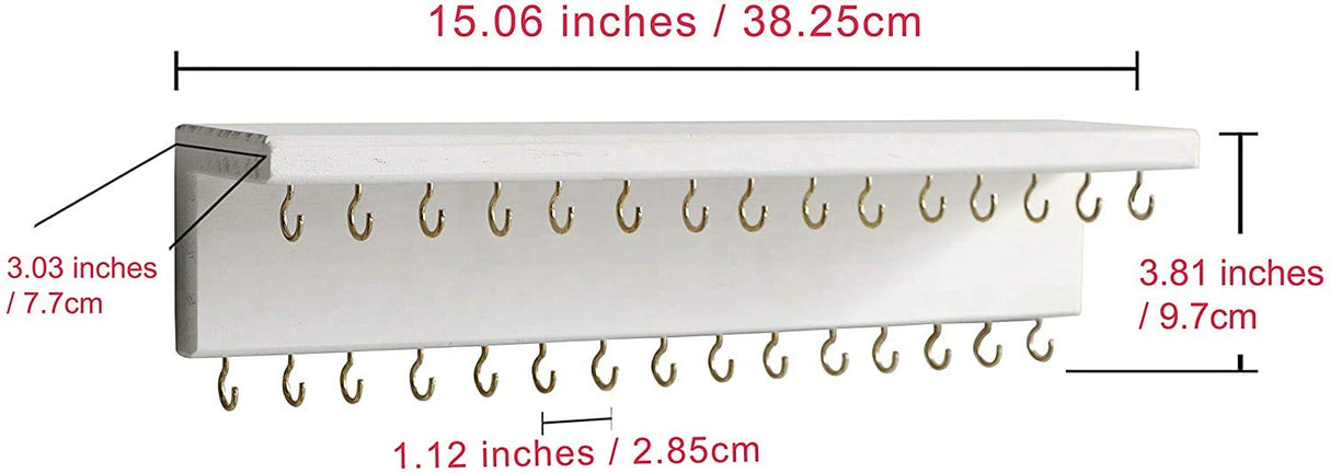 SANY DAYO HOME Jewelry Organizer with 30 Hooks and Cosmetics Shelf, 15 x 3 x 4 inches Wall Mounted Rustic Pine Wood Holder for Necklaces and Bracelets, Suitable for Kids and Adults (Retro White) SANY DAYO HOME