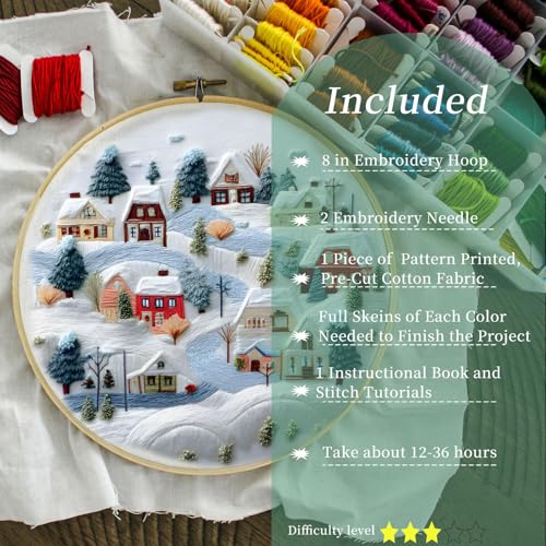 FONNUY Crewel Christmas Embroidery Kit for Beginners, Cross Stitch Set Winter Snow Scene Pine Owl Pattern for Adults, Easy to Follow Color Thread Needlework, 8'' Hoop (Snow Village)