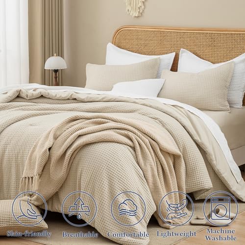 David's Home Waffle Weave Comforter Set 2PCS Twin Size, Soft Breathable Lightweight Cozy Skin-Friendly Warm for All Season, Elegant Aesthetic Home Decor Bedding Set with Pillow Shams, Linen David's Home