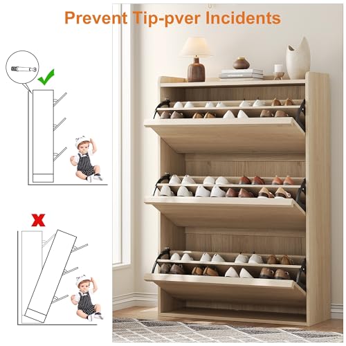 GarveeHome Shoe Cabinet with 3 Flip Drawers, Wooden Shoe Organizer Cabinet with Adjustable Shelf, Shoe Storage for Entryway, Hidden Shoe Cabinet for Hallway, Living Room, Natural Oak GarveeHome