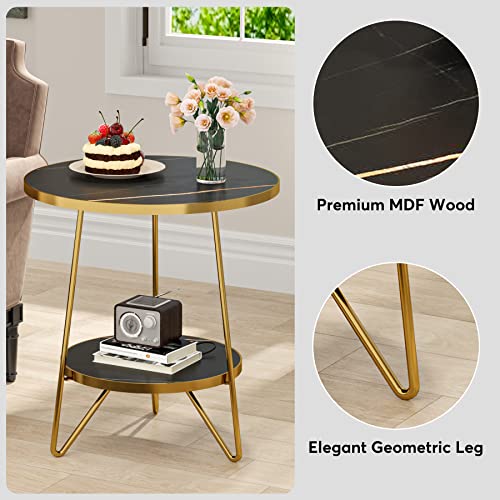 Tribesigns Faux Marble End Table, 2 Tier Round Side Table with Shelves, Modern Black Nightstand Bedside Table Small Coffee Accent Table for Living Room Bedroom, Black and Gold Tribesigns