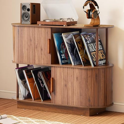 40" Record Player Stand – Mid Century Modern Turntable Stand with Sliding Door Storage & Record Holder Up to 160+, Wood Vinyl Record Storage Cabinet for Living Room Music Corner (Walnut, No-Socket)