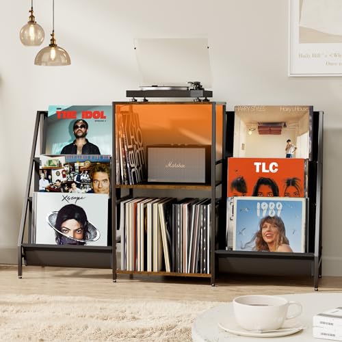 ZIFTY Record Player Stand Vinyl Storage with 6-Tier Display Holder LED Light Turntable Stand for 300 Albums Media Shelf Cabinet Stereo Cabinet Console for Vinyl Enthusiast Livingroom, Bedroom ZIFTY