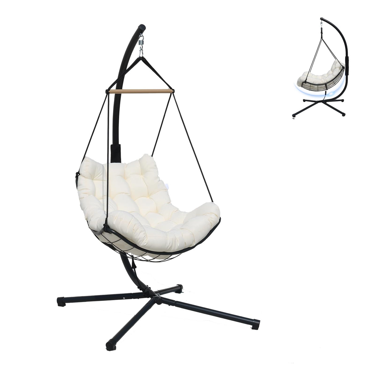 Single Hanging Swing Egg Chair With Stand, Polyester Static Rope + Wire Netting, With Thickened Uv Resistant Removable Cushions, 350lbs Capacity For Living Room Bedroom Balcony Patio Xmas Gift (White) VIXLON