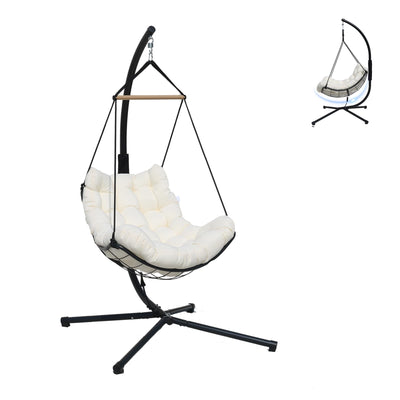 Single Hanging Swing Egg Chair With Stand, Polyester Static Rope + Wire Netting, With Thickened Uv Resistant Removable Cushions, 350lbs Capacity For Living Room Bedroom Balcony Patio Xmas Gift (White)