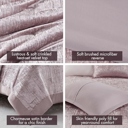 Madison Park Queen Comforter Set, Luxe Velvet, Satin Binding Comforter for a Queen-Size Bed, Cozy Velvet Comforters, All Seasons, Lightweight, Down Alternative Bedding, Full/Queen, Blush 5 Piece Madison Park