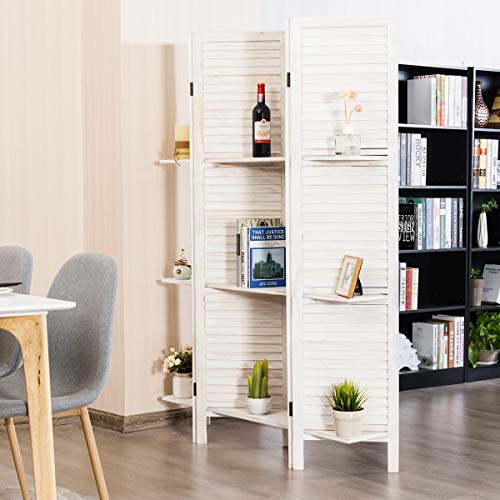 Giantex 4 Panel Room Divider with Shelve, Folding Privacy Screens, Wood Divider for Room Separation, 5.6 FT Foldable Wall Partition for Home Office Bedroom, White Giantex