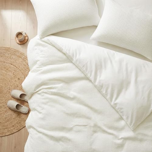 DCSKY Cotton Duvet Cover Twin,100% Cotton Waffle Weave White Duvet Covers Twin Size,Luxury Textured & Breathable 2pcs with 1 Pillow Shams for All Season 68x90 Inches DCSKY
