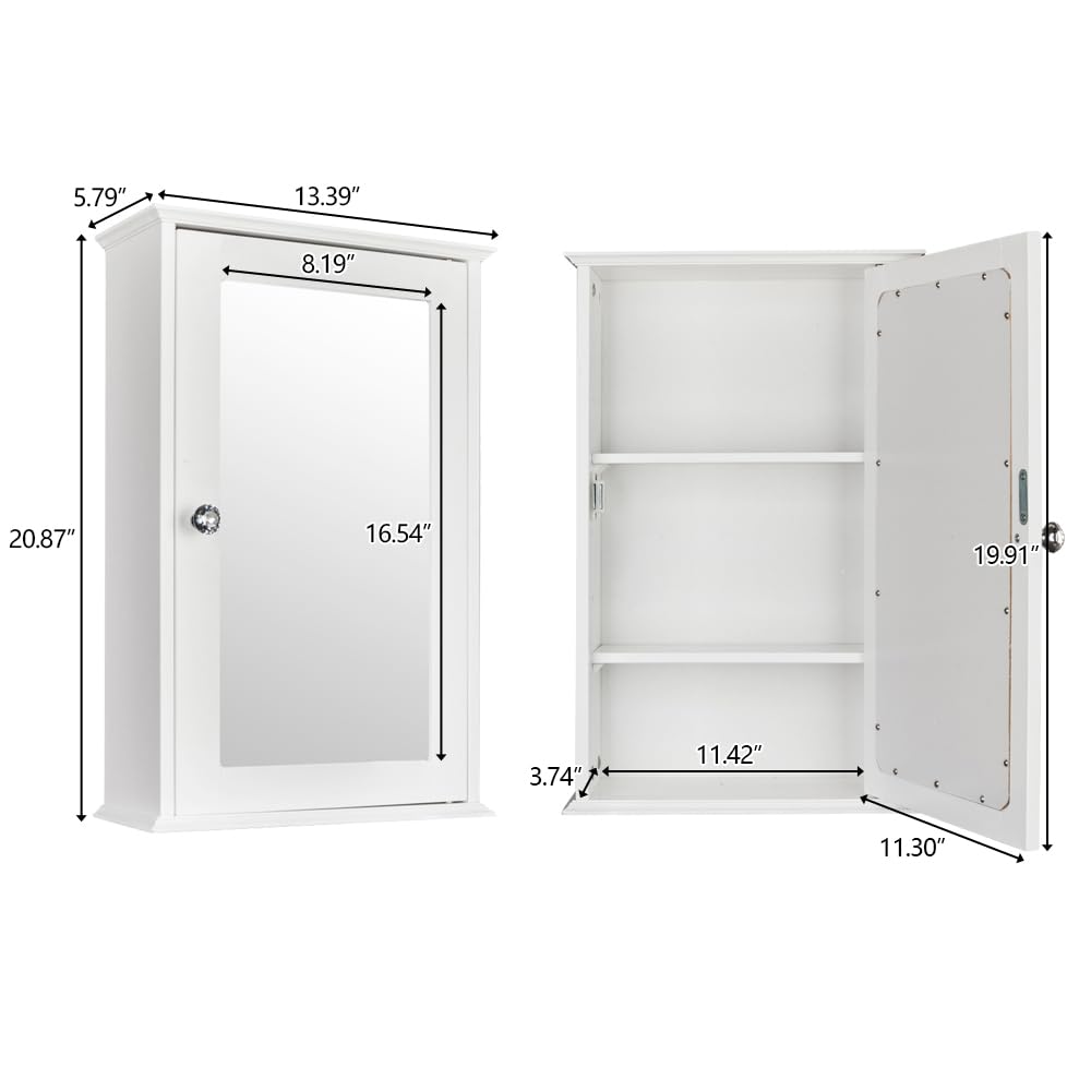 Bonnlo Bathroom Cabinet Wall Mount Mirrored Medicine Cabinet Storage Organizer with Single Door and 2 Adjustable Shelves White Bonnlo