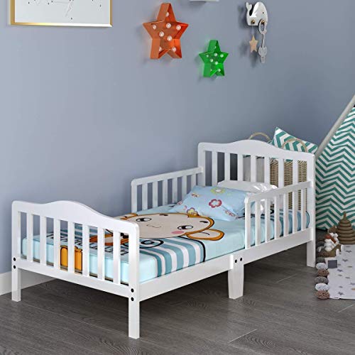 Costzon Toddler Bed, Classic Wood Kids Bed Frame w/Double Safety Guardrail, Low to Floor Design, Wooden Slat Support, Fits Full Size Crib Mattress, Bedroom Furniture for Boys & Girls (White) Costzon