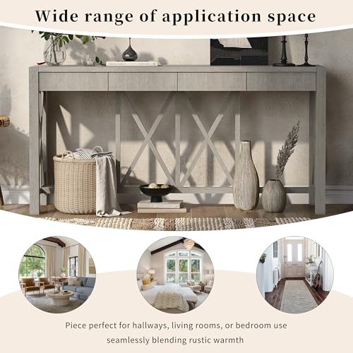 60'' Long Console Table with 4 Spacious Drawers,Modern Crisscross Design Entryway Table with Open Bottom Storage,Farmhouse Sofa Tables for Living Room,Kitchen,Dining Room,Hallway,Grey JIJIWANG