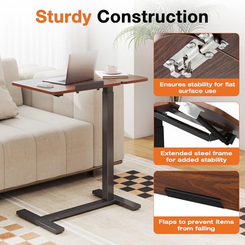 NEWBULIG Overbed Bedside Table Adjustable with Wheels, Small Rolling Standing Desk Portable Laptop PC Desks Side Computer Tray Stand Up with Tilting Top & Gas Lift for Home Office and Bedroom Brown NEWBULIG