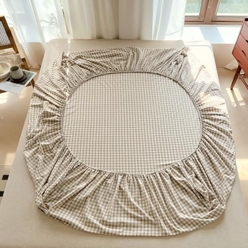 Tan Gingham Fitted Sheet Queen 100% Washed Cotton Taupe Plaid Queen Bed Sheet Grid Single Bottom Sheet with 15" Deep Pocket Gingham Bedding Grid Sheet 1 Piece Cotton Breathable Mattress Cover LifeTB