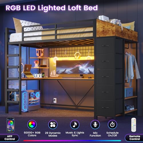 VIAGDO Loft Bed Twin Size with Hall Tree, Charging Station and LED Lights, Metal Loft Bed with L-Shaped Desk, 5 Storage Drawers, Heavy Duty Twin Size Bed with Stairs, No Box Spring Needed, Black VIAGDO