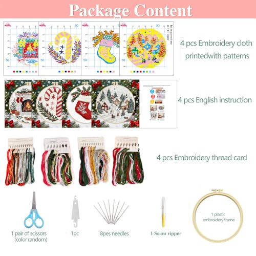 Zhenqing 11 Count Stamped Cross Stitch Kits for Adults Beginners, Hand Embroidery Christmas Ornaments kit with Instructions Embroidery Hoops,Christmas Stocking-Four-Piece Set(68446)