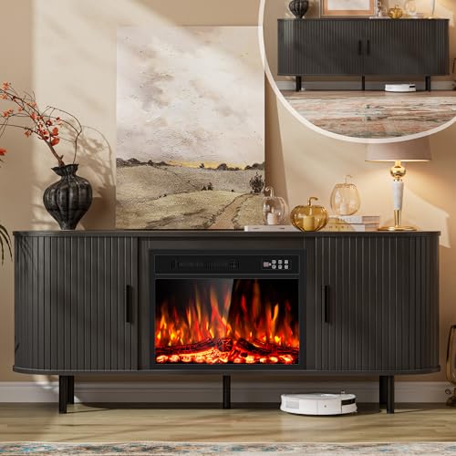Kucreiheat 65" Fluted Fireplace TV Stand, Modern Entertainment Center for TVs Up to 75 inch, TV Console with Sliding Door, Curved Profile Design, Media Console for Living Room, Black Kucreiheat