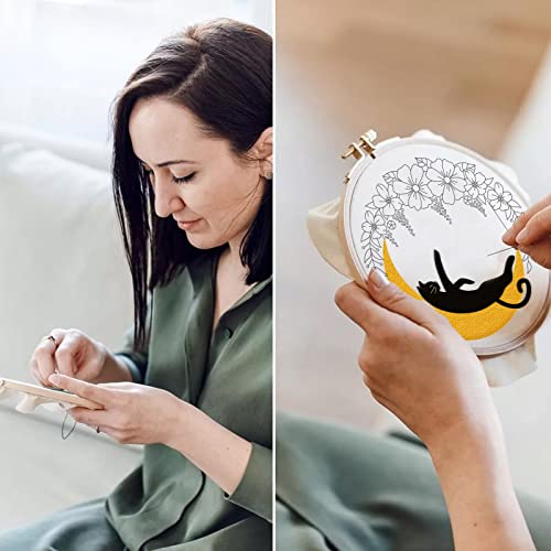 ORIGACH 4 Pack Cat Moon Embroidery Kits for Beginners, DIY Starter Hand Embroidery Kit with Moon Floral Patterns and Instructions