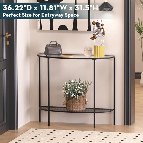 SAYGOER Glass Half Moon Console Table 2 Tier Narrow Entryway Table with Black Metal Frames, Modern Couch Table Small Entry Way Tables, Easy Assembly, Clear Glass SAYGOER