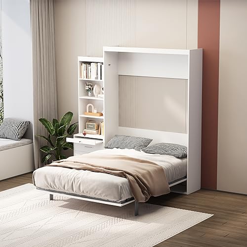 Harper & Bright Designs Full Size Murphy Bed, Morden Full Vertical Murphy Bed Frame with Shelf and Drawers, Wall Bed Hidden Bed Gas Struts, White Harper & Bright Designs
