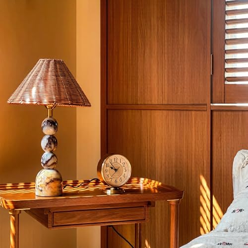 Calacatta Marble Stacked Ball Table Lamp - Hand-Woven Rattan Shade, 15" Stone Margot Artistic Vintage Lamp Luxury for Bedroom Living Room, Counter, Console, Entryway, Gift (Calacatta Viola Marble) BSOD