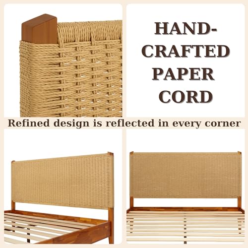 Bme Selina King Size Wood Platform Bed Frame with Handcrafted Paper Cord Headboard - No Box Spring Needed Bme