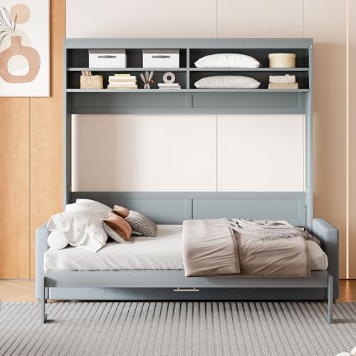 MERITLINE Queen Murphy Bed with 4 Seat Couch and Storage Shelves,Wood Folding Grey Murphy Wall Bed Cabinet with Storage and Sofa MERITLINE