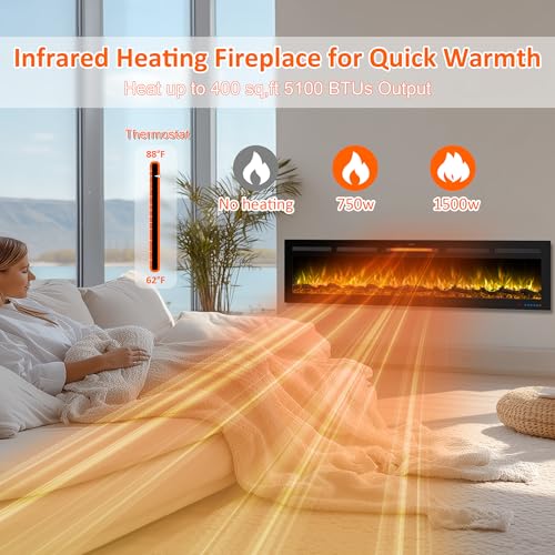 60" Infrared Smart Electric Fireplace Alexa/Google Compatible, Remote& App Control Multicolor Flame w/Dimmer, Wall-Mounted& Recessed WiFi Enabled Fireplace Heater w/Crackling Sound& Thermostat, 1500W Dreamflame