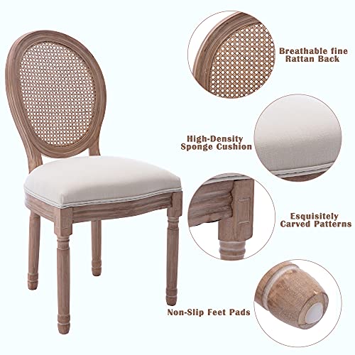 Nrizc French Country Dining Chairs Set of 4, Farmhouse Fabric Chairs with Round Back, Rattan Dining Chair, Oval Side Chairs for Dining Room/Living Room/Kitchen/Restaurant Nrizc