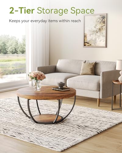 LITTLE TREE Round Coffee Table, 32" Circle Coffee Table for Living Room, 2-Tier Wood Accent Center Table with Open Storage Industrial Design Home Furniture (Brown and Black) LITTLE TREE