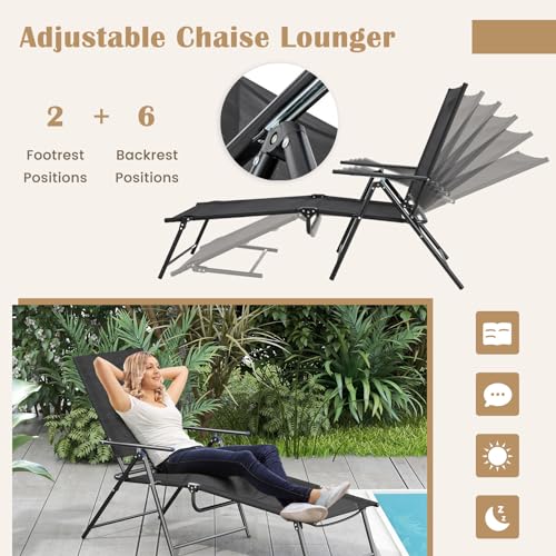 Giantex Lounge Chair Outdoor Set of 2 - Tanning Chair with 6 Adjustable Backrest, 2-Level Footrest, Folding Sunbathing Lounger for Patio, Poolside, Yard, Chaise Lounge Chair, Beach Chair (Black)