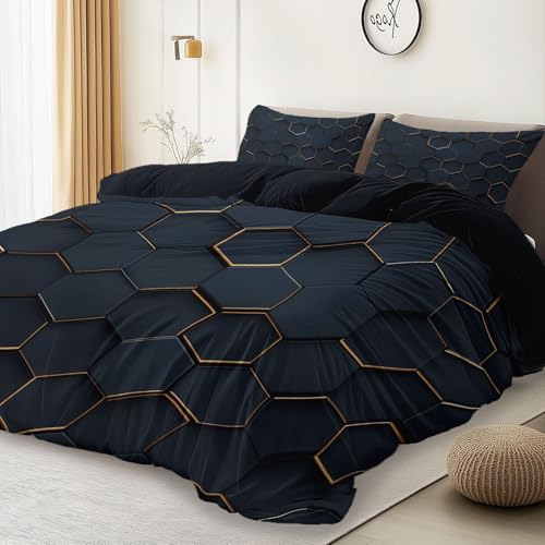 Black 3 Piece Duvet Cover Set, 1 Printed Zipper Closure Duvet Cover with 2 Pillow Shams, Ultra Soft Brushed Microfiber Single with Minimalist Hexagonal Geometric Generic