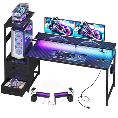 Casaottima 59 Inch Gaming Desk with USB Charging Ports & LED Light - Reversible Computer Desk with 3 Fabric Drawers, Monitor Stand, CPU Stand, and Side Hook, Modern Office Desk, Pure Black Casaottima