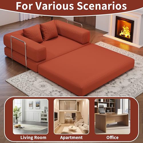BSHOMGI Folding Sofa Bed, 4 in 1 Convertible Sofas to Lounger Comfy Single Bean Bag Chair Floor Portable Foldable Sleeper Lazy Futon Couch Chair for Bedroom, Living Room (Orange, 53.15" Double Sofa) BSHOMGI