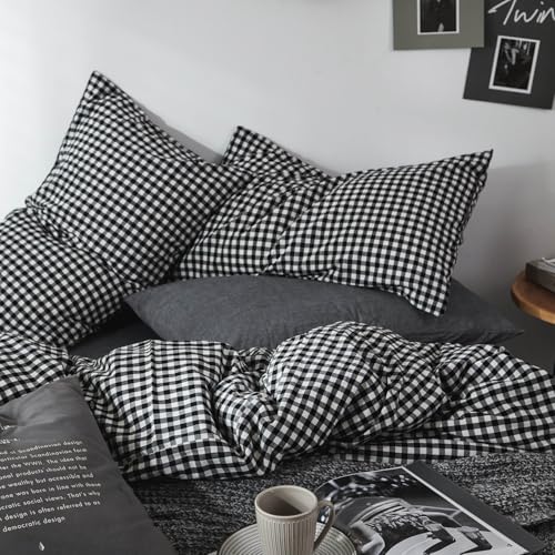 mixinni Black Gingham Comforter Set King, Plaid Comforter Set 3 Pieces 1 Black Grid Comfoter with 2 Pillow Cases for All Seasons, Soft Fluffy Modern Grid Pattern Printed Bedding-King Size mixinni
